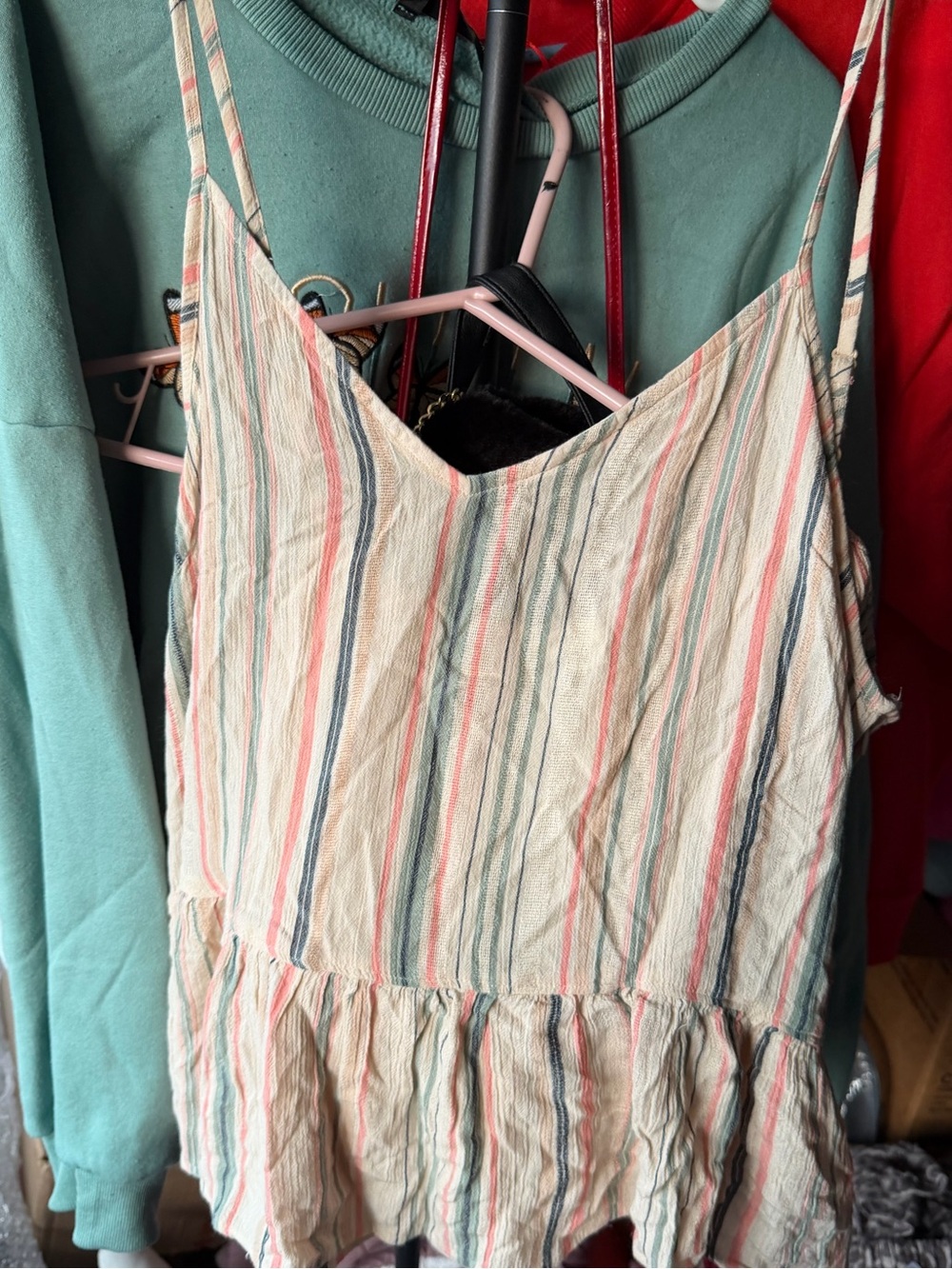 American Eagle Outfitters Cream Striped Ruffle-Hem Spaghetti Strap Top